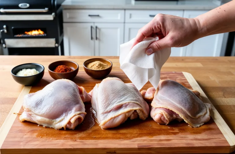 Close-up of raw chicken thighs being dried with a paper towel on a wooden cutting board, surrounded by small bowls of spices