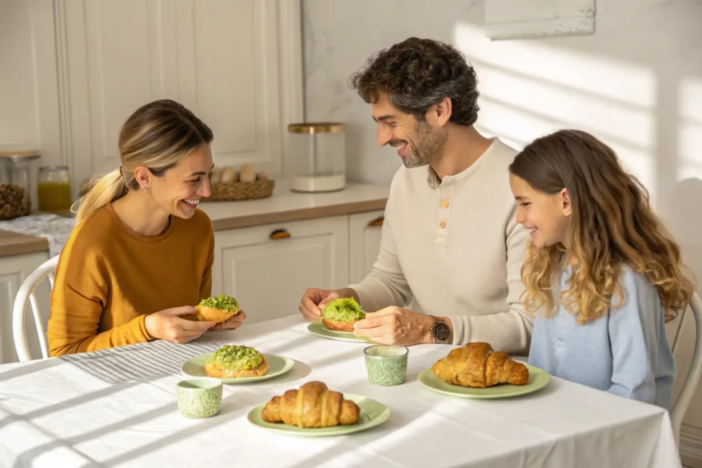 A family gathered around a white kitchen table, enjoying croissants filled with pistachio cream, creating a warm and inviting meal moment.