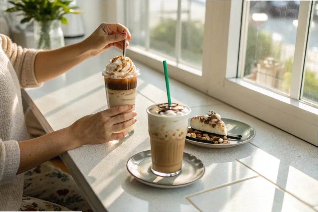 A person holding a cold cappuccino and a Frappuccino at a white kitchen table, with natural light illuminating the drinks in a cozy setting.