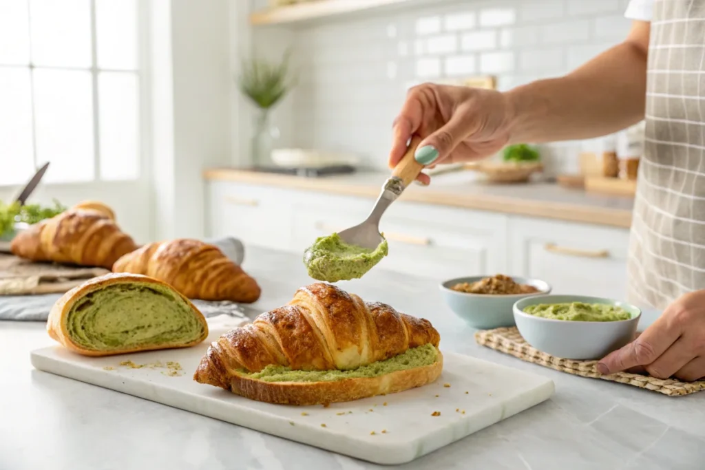 A person spreading creamy homemade pistachio cream onto a flaky croissant, set in a bright white kitchen with natural light.