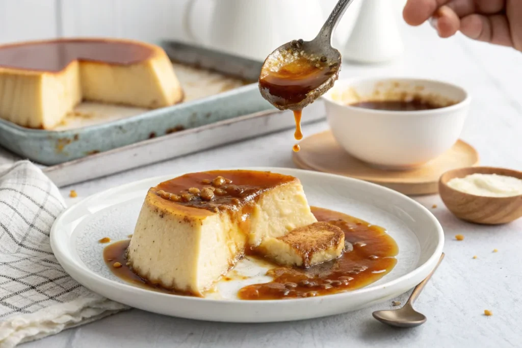 A spoon lifting a bite of flan, showcasing its smooth, creamy texture and dripping caramel sauce, in a bright white kitchen setting.