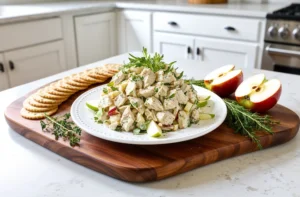 A wooden platter with a white plate piled high with a chicken salad featuring fresh apples and herbs, garnished with parsley and surrounded by crackers, sliced apples, and sprigs of rosemary in a well-lit kitchen.