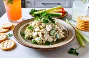 A beautifully plated chicken salad garnished with fresh parsley, served with crackers, carrot sticks, and celery sticks on a rustic plate, accompanied by a refreshing drink.