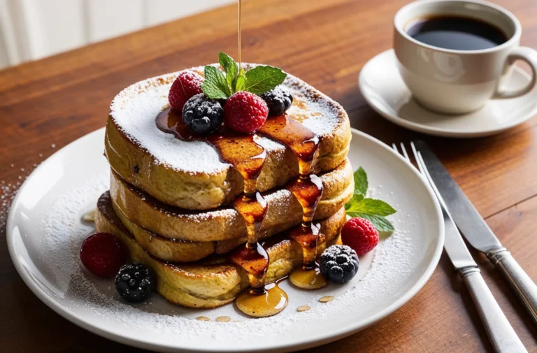 A stack of fluffy French toast slices topped with powdered sugar, fresh raspberries, blueberries, and a drizzle of maple syrup, garnished with mint leaves.