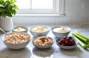 A wooden tray with fresh shredded chicken, green and red grapes, celery, and an assortment of creamy mayonnaise-based sauces. Sunlight filters through a kitchen window, highlighting the vibrant ingredients.