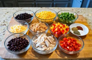 A variety of bowls filled with black beans, shredded chicken, corn, diced bell peppers, and spices displayed on a wooden board.