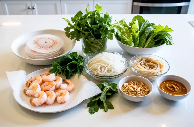 A close-up of fresh rice paper roll ingredients including shrimp, noodles, mint, lettuce, and peanut dipping sauce arranged on a white countertop.