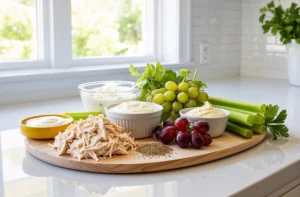 A bright kitchen setup featuring fresh ingredients for chicken salad. Shredded chicken, grapes, celery, and various sauces are beautifully arranged on a wooden board, ready for preparation.