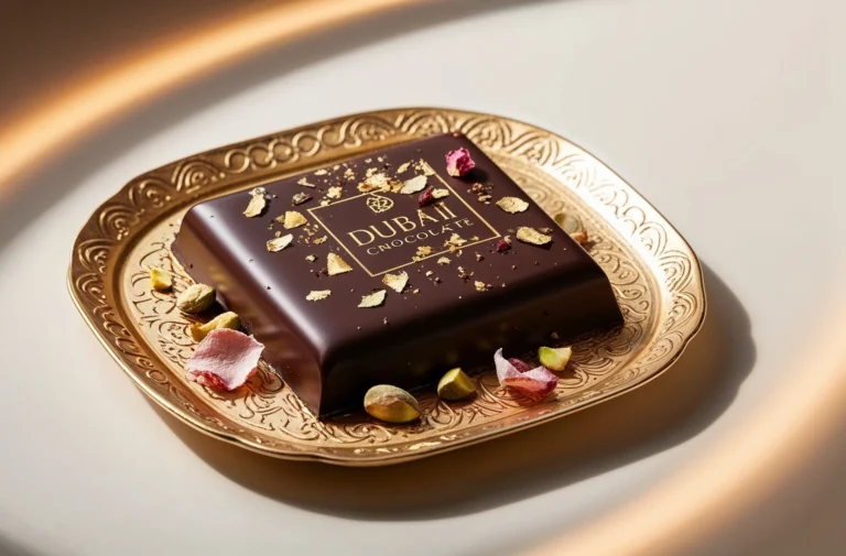 A rich chocolate bar garnished with pistachios and edible gold flakes, elegantly presented on an ornate gold plate.