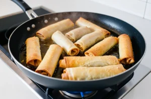 Spring rolls frying in a pan on a stove, golden and crispy, as they cook to perfection