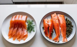 Two plates featuring slices of smoked salmon; one plate showcases thinly sliced salmon with dill, while the other displays fillets with capers on a modern kitchen counter.