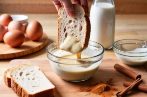 A slice of bread being dipped into a creamy cinnamon-vanilla batter, surrounded by eggs, milk, and cinnamon sticks on a wooden countertop.