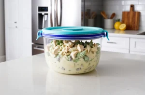 A bright kitchen showcasing a clear plastic container filled with creamy chicken salad, sealed with a turquoise lid, placed on a clean white countertop.