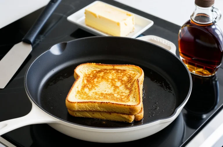 A slice of golden-brown French toast cooking in a skillet, with butter and maple syrup in the background.