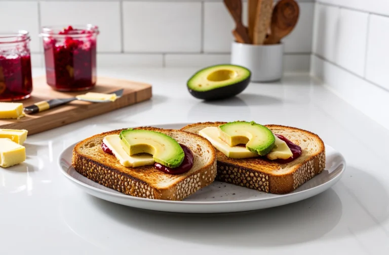 Two slices of toast topped with avocado slices, butter, and berry jam, styled with jars of jam, fresh butter, and an avocado on a white countertop.