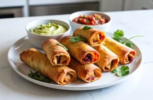 A plate of golden, crispy chicken taquitos served with guacamole and salsa dips, garnished with fresh cilantro.