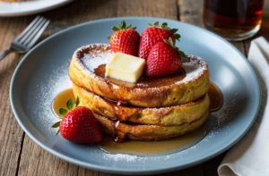 A stack of golden French toast topped with fresh strawberries, powdered sugar, a pat of butter, and drizzled with maple syrup on a blue plate.