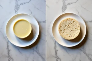 A side-by-side comparison image of a classic flan on a white plate (left) and a circular sponge cake base on a white plate (right), both set on a marble kitchen countertop.