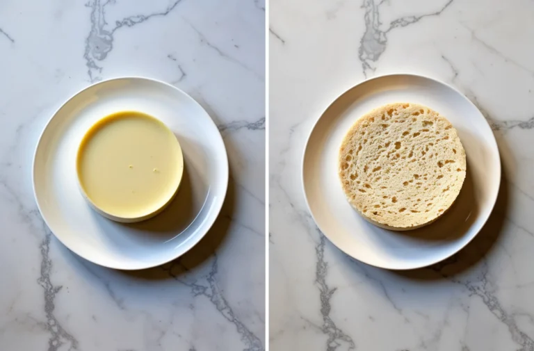 A side-by-side comparison image of a classic flan on a white plate (left) and a circular sponge cake base on a white plate (right), both set on a marble kitchen countertop.