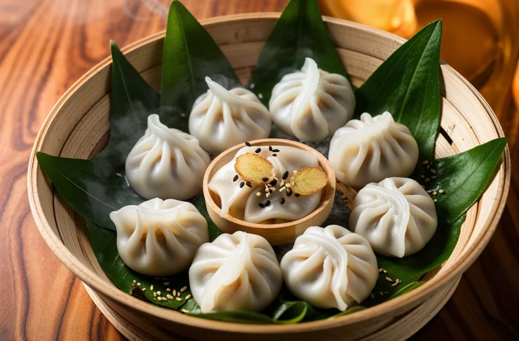 A bamboo steamer filled with fresh dumplings, artfully arranged with green leaves and garnished with ginger slices and sesame seeds, surrounded by a warm ambiance.