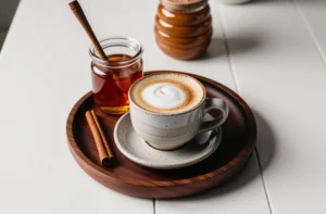 A warm cappuccino served in a ceramic cup with frothy milk foam on top, accompanied by a jar of honey, a cinnamon stick, and a cozy wooden tray on a white tabletop.