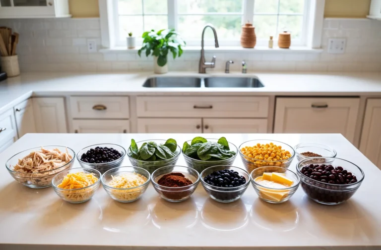 A neatly arranged display of colorful ingredients for chicken taquitos, including shredded chicken, cheese, black beans, corn, diced red peppers, and spices in glass bowls on a clean kitchen counter.