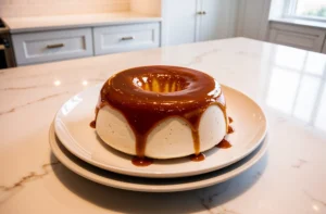 A caramel flan dessert with a shiny, golden caramel glaze dripping over its sides, beautifully presented on a clean white plate.