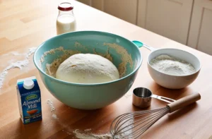 A bowl of risen bread dough on a wooden table surrounded by almond milk, flour, and measuring tools, ready for baking.