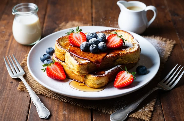 A plate of golden French toast topped with fresh strawberries, blueberries, and a drizzle of maple syrup, served on a rustic wooden table with a jar of milk in the background.