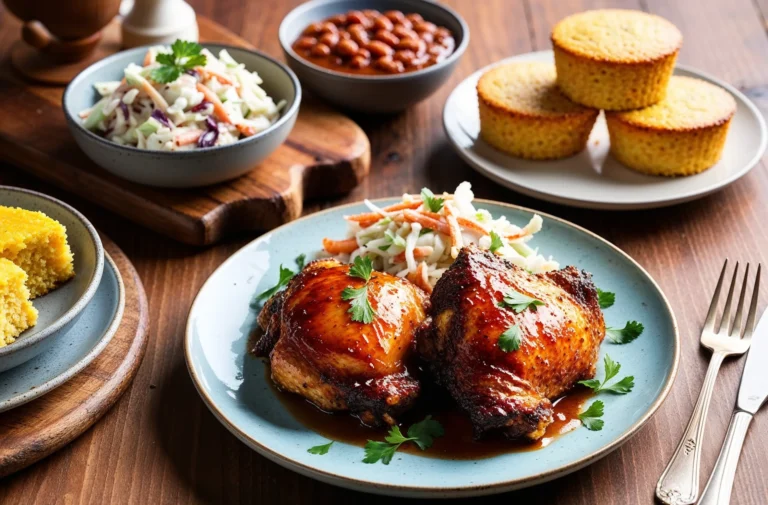 A plate of perfectly grilled BBQ chicken thighs served with coleslaw, cornbread muffins, and baked beans, displayed on a wooden table.