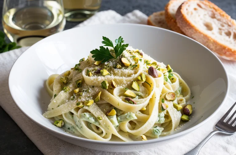 A white bowl filled with fettuccine pasta in a creamy sauce, topped with crushed pistachios, grated Parmesan, and a fresh parsley sprig, served with slices of rustic bread and a glass of white wine in the background.