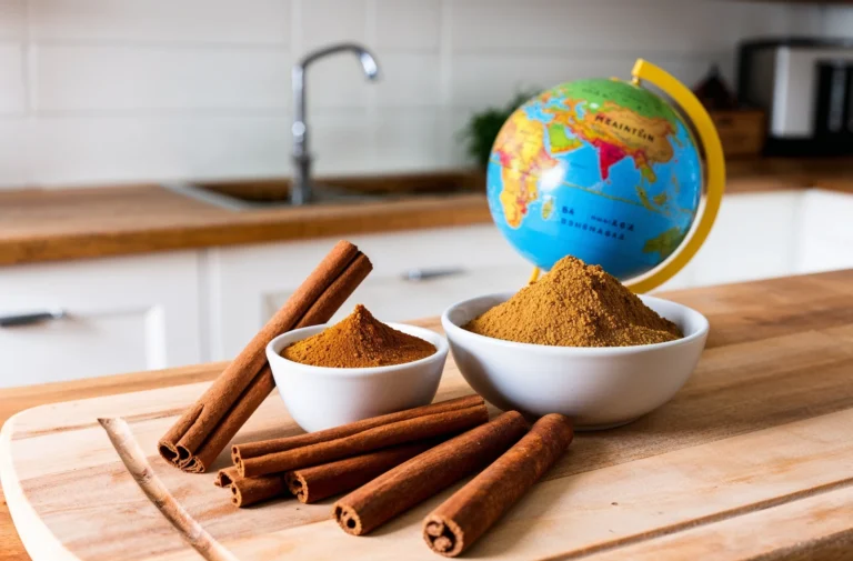 A close-up of a black bowl filled with finely ground cinnamon alongside whole cinnamon sticks on a reflective surface.