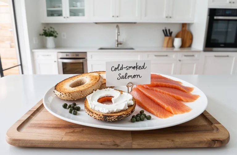 A plate featuring cold-smoked salmon slices, a toasted bagel with cream cheese, and capers, displayed in a modern white kitchen.