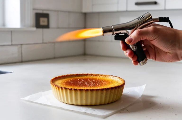 Hand using a kitchen torch to caramelize crème brûlée sugar topping in a white kitchen.