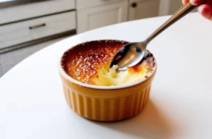 A hand holds a spoon scooping into a freshly torched crème brûlée in a golden ramekin, sitting on a white table in a modern kitchen.