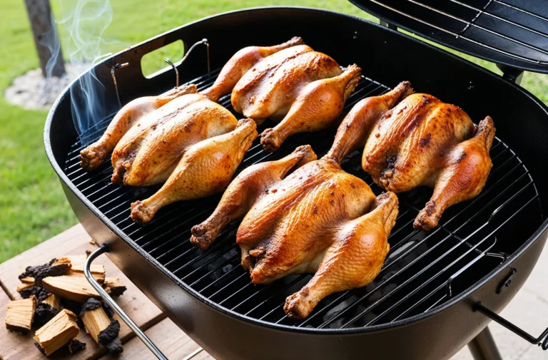 A close-up of perfectly grilled whole chickens on a barbecue grill, surrounded by wood chips and smoke.