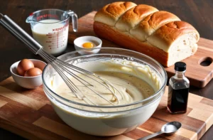 A bowl of creamy French toast batter being whisked with fresh ingredients like eggs, milk, and vanilla extract on a wooden countertop, with sliced bread in the background.