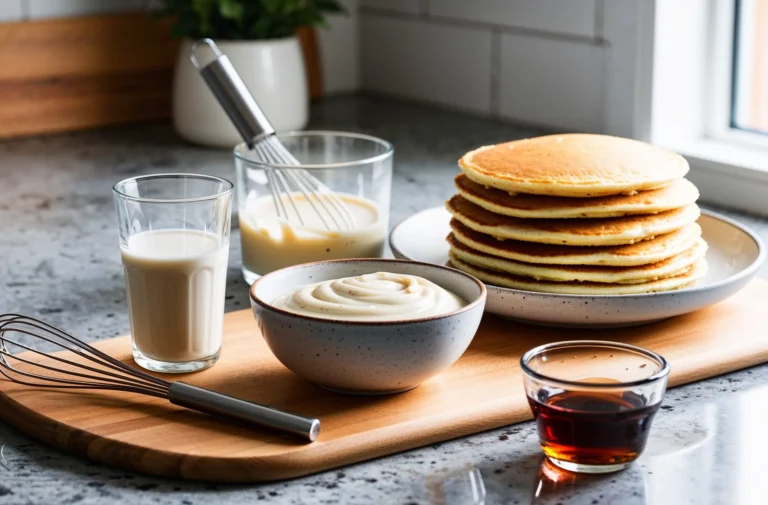 A beautifully arranged kitchen setup with a stack of golden pancakes, a bowl of whipped cream, syrup, and a glass of milk, accompanied by a whisk on a wooden board.