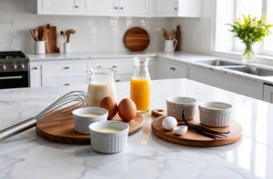 A marble kitchen countertop with fresh eggs, milk, vanilla beans, and ramekins neatly arranged, ready for a dessert preparation. A glass of orange juice adds color to the scene.