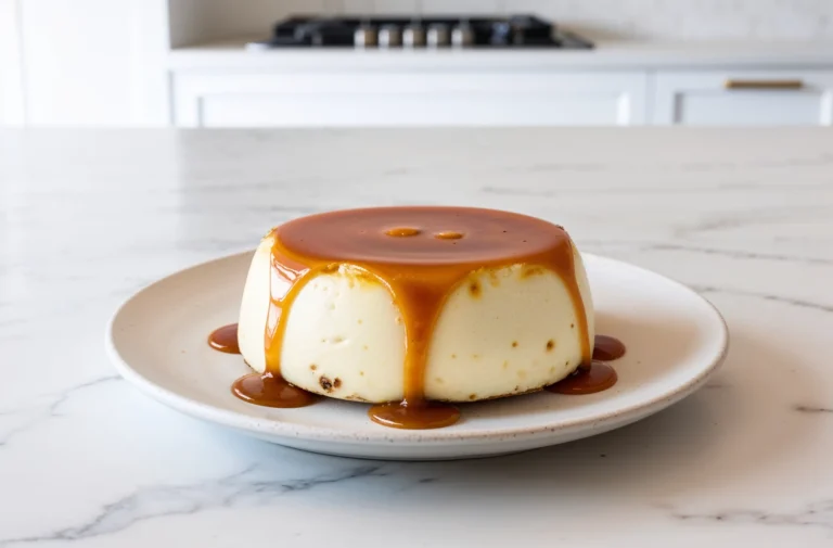 A close-up of a round flan topped with rich caramel sauce, sitting elegantly on a beige plate against a clean, minimalist kitchen backdrop.