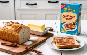 Image showing a loaf of bread, butter, cinnamon, sugar, and a box of cinnamon toast, with a piece of cinnamon toast on a plate.