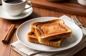 Two slices of perfectly toasted cinnamon bread served on a white plate alongside a cup of steaming coffee, set on a wooden table.