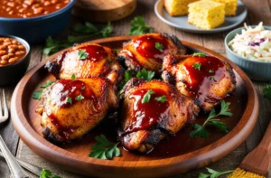 Juicy grilled chicken pieces being cooked on a barbecue grill with smoke rising, set against an outdoor background