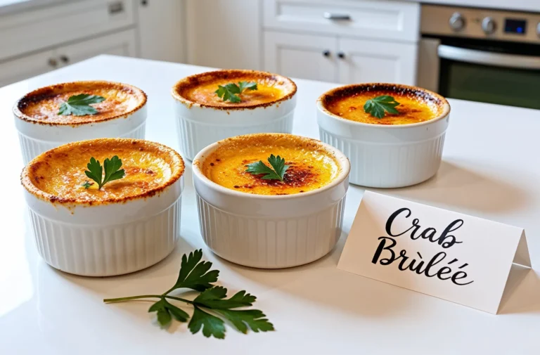 Four servings of golden crab brûlée in white ramekins, topped with parsley, accompanied by a name card that reads "Crab Brûlée" in a modern kitchen setting.