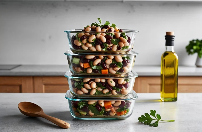 Four glass containers filled with layered bean salad, featuring white beans, kidney beans, parsley, and diced vegetables, stacked on a kitchen counter with a wooden spoon and olive oil bottle nearby.