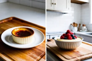 A split image showing a crème brûlée with a perfectly torched sugar top on one side and a creamy dessert bowl topped with fresh berries on the other, placed on wooden cutting boards.