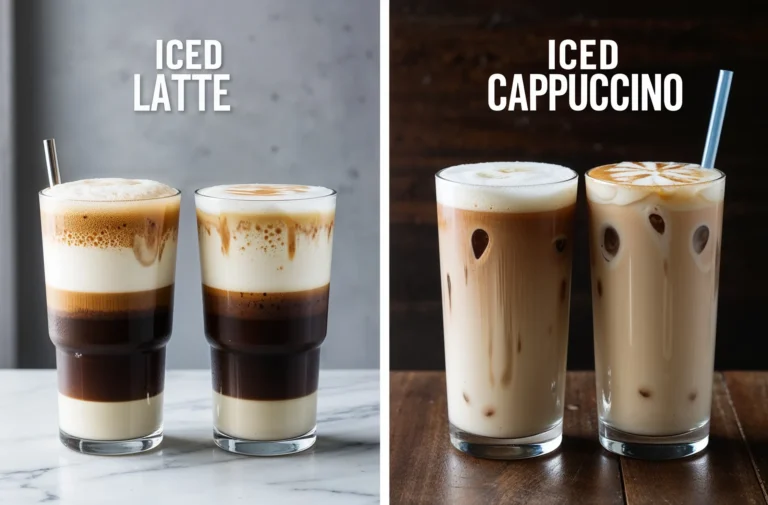 A side-by-side visual comparison of iced lattes and iced cappuccinos. The left side shows two iced lattes with bold coffee layers and smooth foam on top, while the right side highlights two iced cappuccinos with creamy textures, latte art, and a lighter coffee blend.