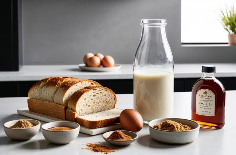 A rustic kitchen setting featuring a loaf of bread, eggs, milk, vanilla, and brown sugar arranged on a marble countertop for French toast preparation.