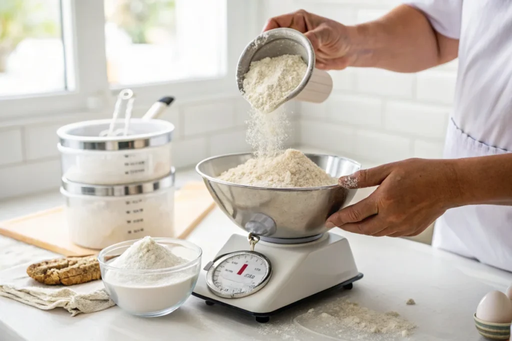 A baker measuring flour with a scale in a modern white kitchen to avoid crumbly cakes.

