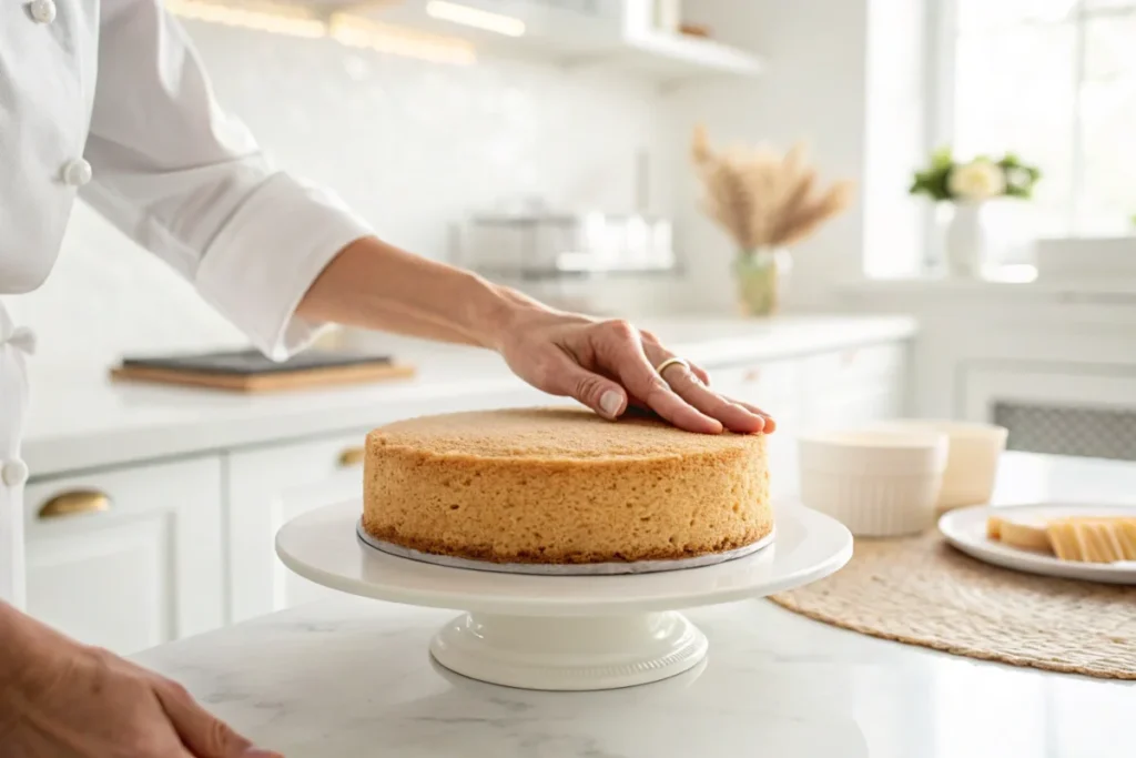 A baker pressing lightly on the top of a cake to test sponginess for doneness in a white kitchen.